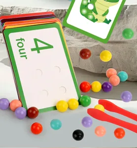 Kids English learning cards with colorful wooden beads and clips for early education and interactive play.