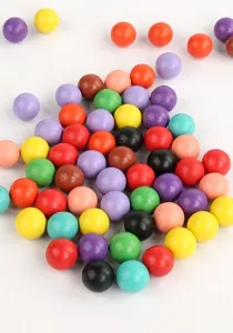 Colorful wooden beads detail shot, smooth finish, perfect for kids DIY crafts and toys.