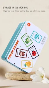 Detailed view of kids educational pinch beads toy set in iron storage box with cute cards.