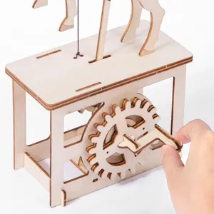 Wooden 3D mechanical puzzle toy, DIY pegasus horse model with rotating gear design for kids.