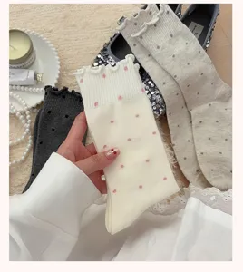 Chaussettes mi-hautes à pois et volants détail, bas en coton doux style japonais mignon