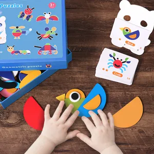 Puzzle géométrique en bois Montessori pour enfants, jouet éducatif de tri de formes avec cartes.