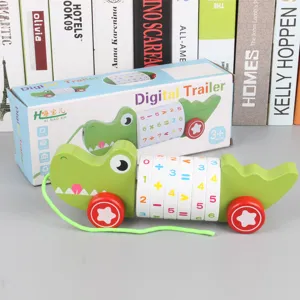 Wooden children early education math digital arithmetic pull along toy car crocodile design
