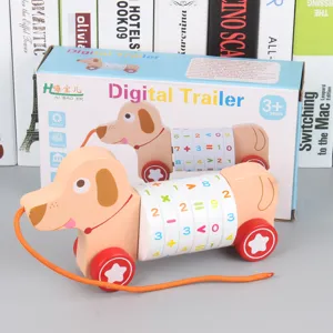 Wooden pull along toy toddler educational digital math calculation puppy rolling wheels car