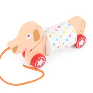 Wooden pull along dog toy toddler educational math number cart with colorful wheels