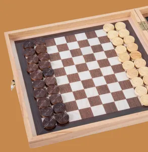 Wooden chess set detail showcasing folding board and pieces for kids educational games.