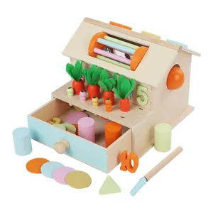 Casa di giocattoli educativi in legno multifunzionale per smistare forme e tirare carote.