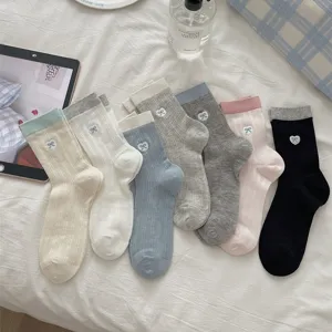 Women cotton mid-calf socks with cute heart bow embroidery mesh breathable summer socks