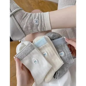 Women's Thin Pure Cotton Mesh Mid Calf Socks Sweet Heart Bow Embroidery Contrast Color Breathable Slouch Socks Summer