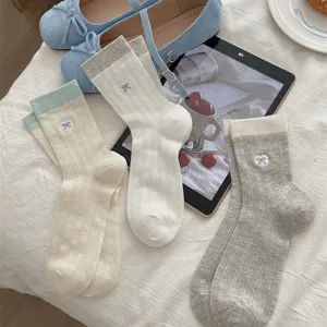Women cotton mesh mid-tube socks with cute heart bow embroidery, breathable summer style.