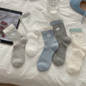 Women breathable cotton mesh mid-calf socks with cute heart bow embroidery and contrast color design.