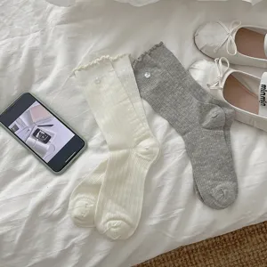 Korean style women ruffled mid-calf socks cotton knitted cute flower socks white grey