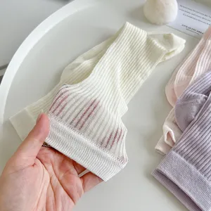 Sheer breathable ribbed women crew socks, lightweight summer socks in close-up view.
