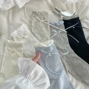 Women ballet style mid-tube socks with elegant ribbons pearls ruffles mesh breathable cotton
