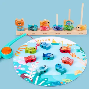 Gioco in legno di pesca e impilamento del gatto, giocattolo educativo precoce per bambini.