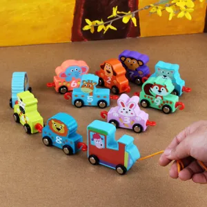 Wooden pulling train toy for early education, featuring cute animal shapes and colorful numbers.