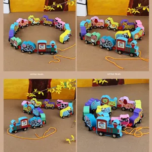 Wooden pull-along animal train toy for early education kids color shape cognitive learning.