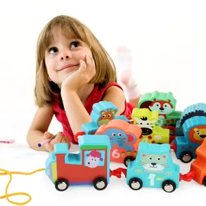 Wooden pull-along train toy for early education with cute cartoon animals and numbers.