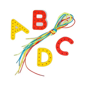 Wooden alphabet lacing cards for kids, fine motor skills educational toy with colorful laces.