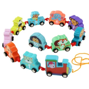 Wooden pull along toy train, early education number and animal cognitive cartoon wooden toys for kids.