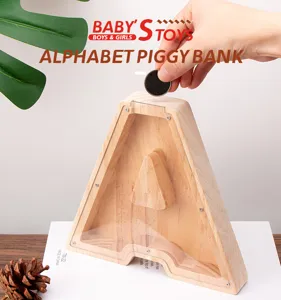 Hucha de madera letra A caja de dinero acrílica transparente juguete para niños