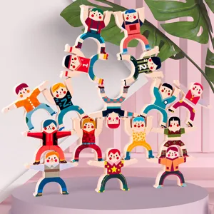 Wooden balancing stacking blocks toy for kids, creative strongman figures desktop game.