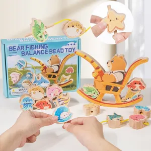 Wooden Bear Fishing Balance Stacking Blocks Educational Toy Kids Hand Eye Coordination Training Early Learning Game
