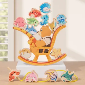 Wooden animal balancing stacking blocks toy, kids early educational bead lacing game for fun.