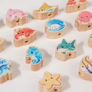 Wooden ocean animal lacing beads toys for kids fine motor skills training stacking blocks.