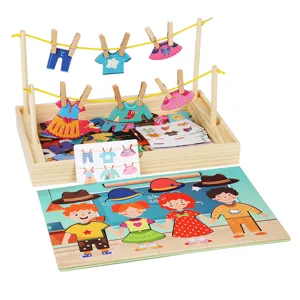 Jouet Éducatif en Bois Montessori Jeu de Puzzle d'Habillage et de Séchage de Vêtements pour Enfants Apprentissage Précoce