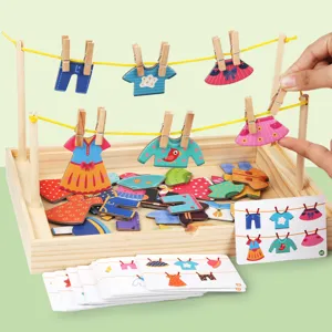 Jouet éducatif Montessori d'habillage et puzzle pour enfants, ensemble séchoir en bois.