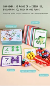 Detailed view of kids educational clip beads toy set with colorful wooden beads and learning cards.