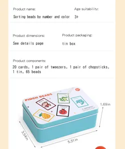 Detailed view of children sorting beads toy set with tin box, cards, and colorful wooden beads.