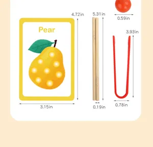 Children educational toy parts size chart with card, wooden sticks, ball and tweezers.
