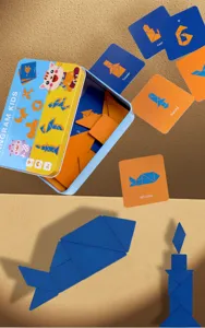 Kids wooden tangram puzzle educational toy set with challenge cards and metal tin box.
