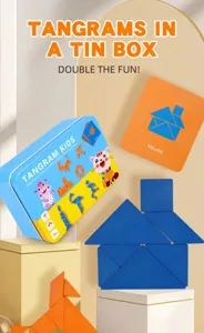 Wooden tangram puzzle set detail showing colorful geometric blocks, tin box and learning cards.