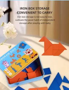 Wooden tangram puzzle set for kids with metal storage box. Educational toy for brain training.