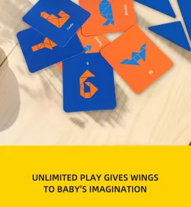 Detailed view of educational tangram cards for kids, showing geometric shapes and words.
