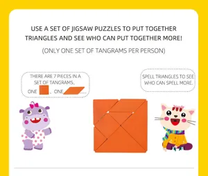 Wooden tangram puzzle set for kids educational learning and brain training games. Detail view.