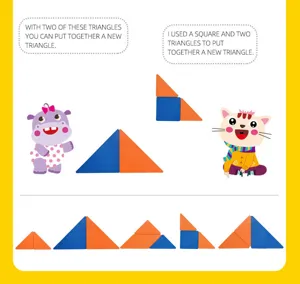 Geometric tangram puzzle blocks combination detail, educational wooden shapes guide.