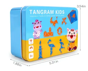 Tangram puzzle toy detail shot, portable metal box with geometric pattern shapes.