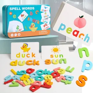 Kids Educational English Word Spelling Card Game Wooden Alphabet Learning Toys Portable Tin Box Puzzle Set For Toddlers
