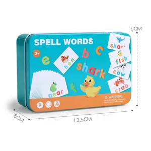 Kids English spelling words flash cards educational learning toy set with metal storage tin box.
