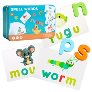 Kids English spelling flashcards with wooden letters and tin box educational toy.
