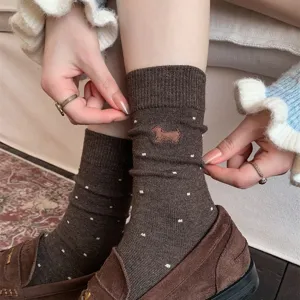 Brown cashmere wool dachshund embroidered polka dot mid-tube socks detail closeup view