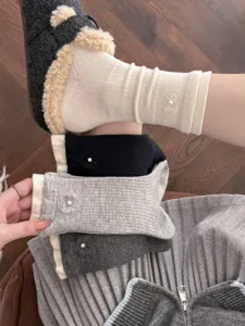 Korean style cashmere blend mid-calf socks featuring contrasting color ribbed cuffs, cute pearl bow.