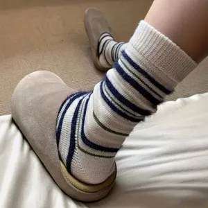 Korean vintage contrast striped mid-tube socks, warm plush winter crew socks for women.