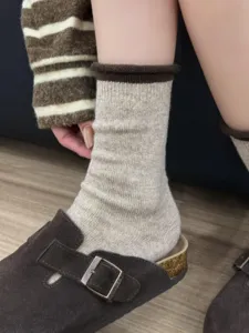 Donne autunno inverno spesse calde lana slouch calze beige tubo medio risvolto di lana