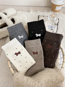 Cute dachshund embroidery cashmere wool mid tube socks for women, thick warm winter cozy socks.