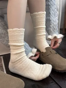 Dicke Retro Woll-Wadenstrümpfe für Damen, gemütliches, durchbrochenes Strickdesign für den Winter.